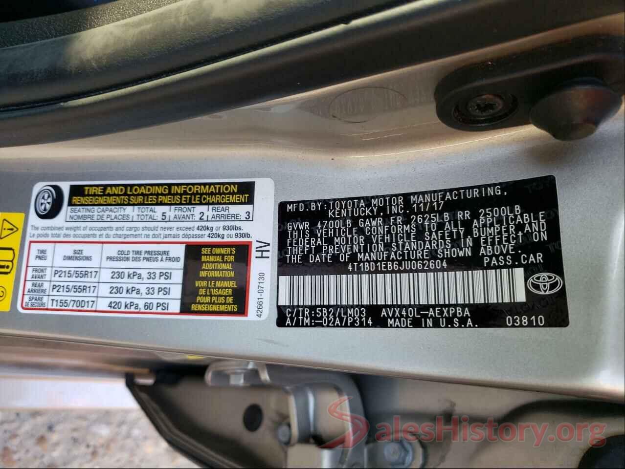 4T1BD1EB6JU062604 2018 TOYOTA AVALON