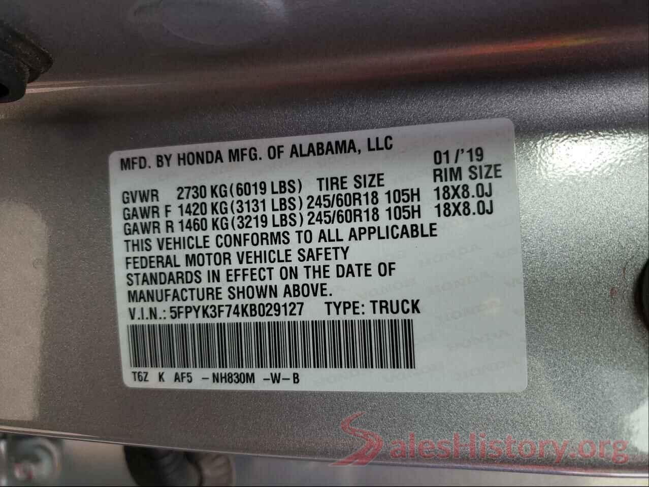 5FPYK3F74KB029127 2019 HONDA RIDGELINE