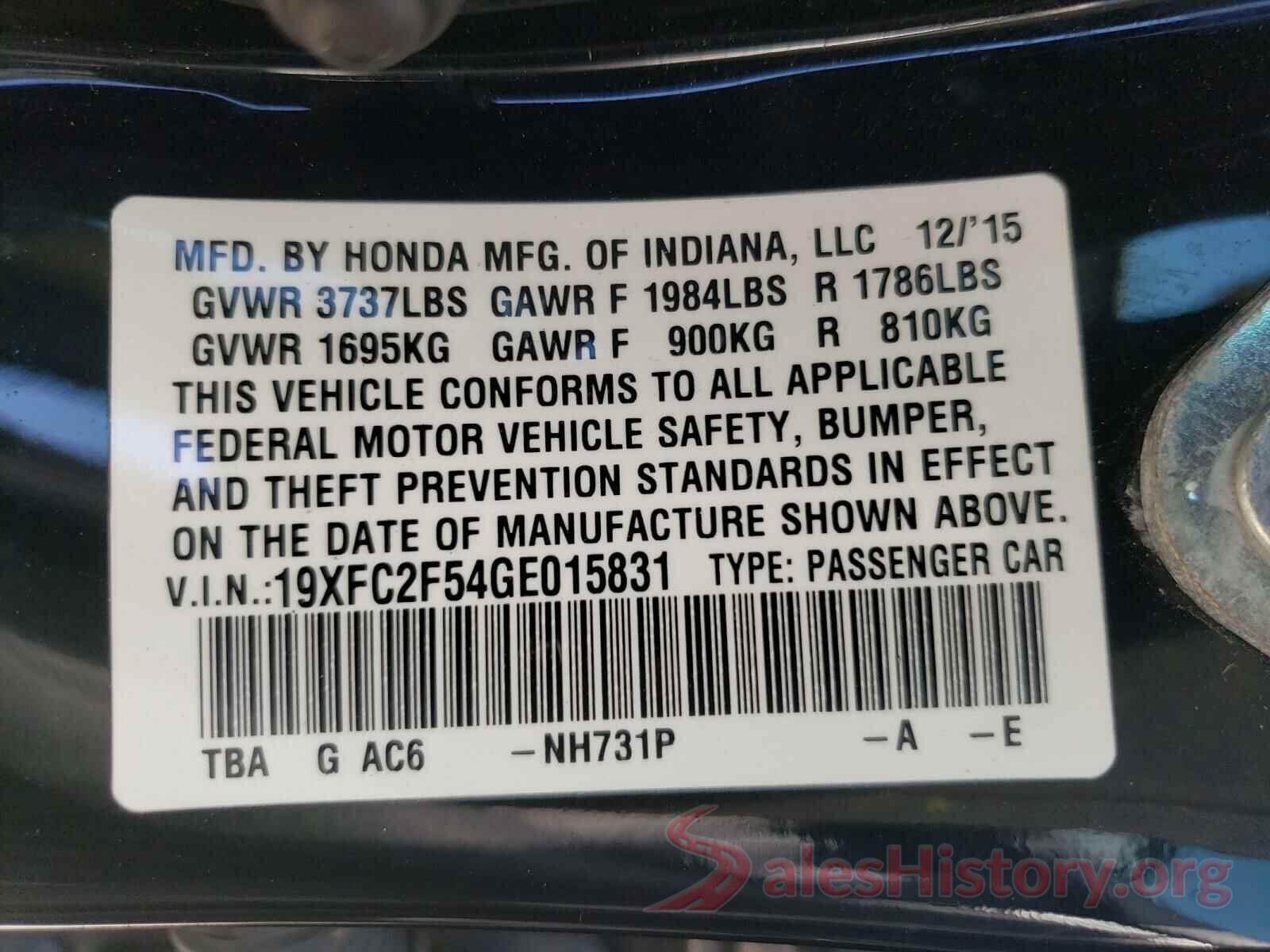 19XFC2F54GE015831 2016 HONDA CIVIC