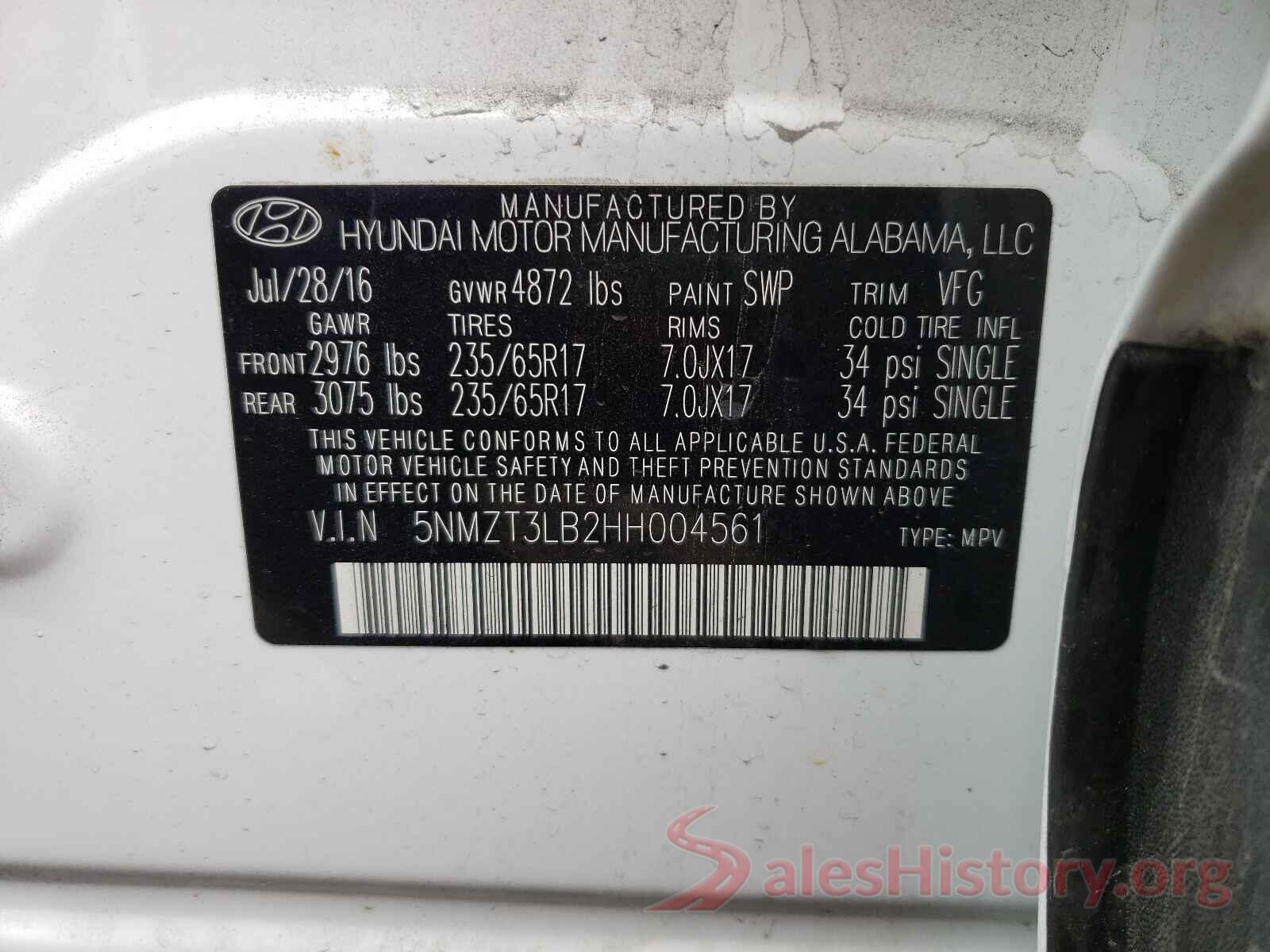 5NMZT3LB2HH004561 2017 HYUNDAI SANTA FE