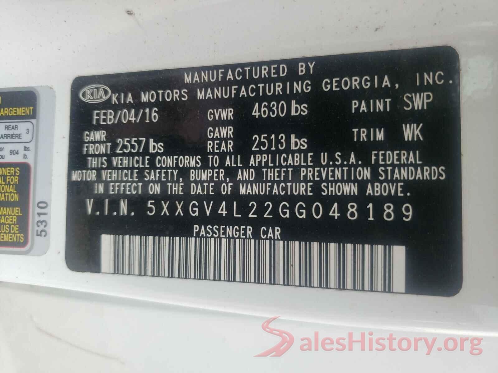 5XXGV4L22GG048189 2016 KIA OPTIMA