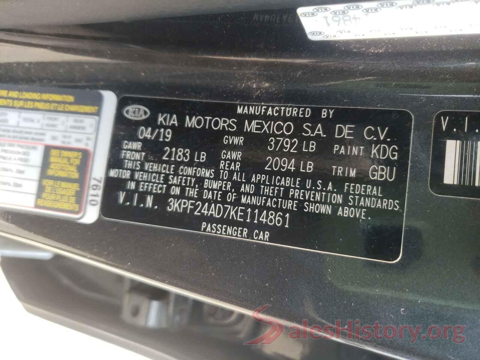 3KPF24AD7KE114861 2019 KIA FORTE