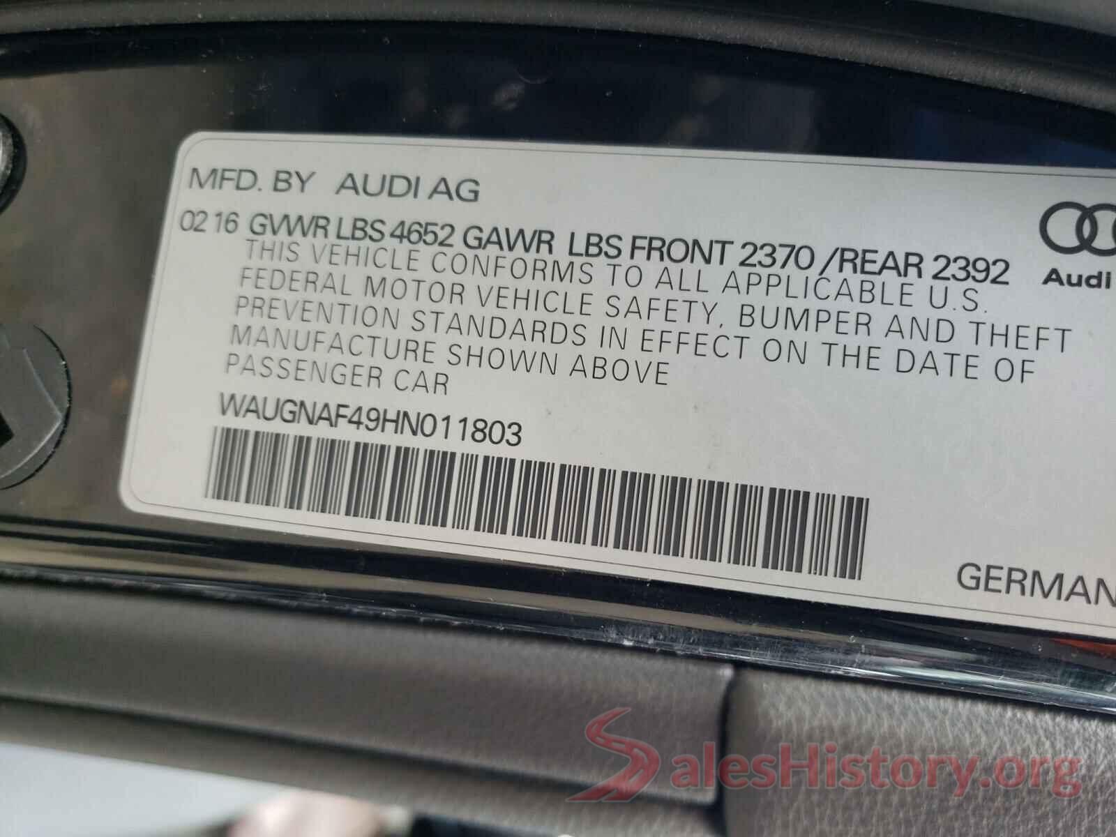 WAUGNAF49HN011803 2017 AUDI A4