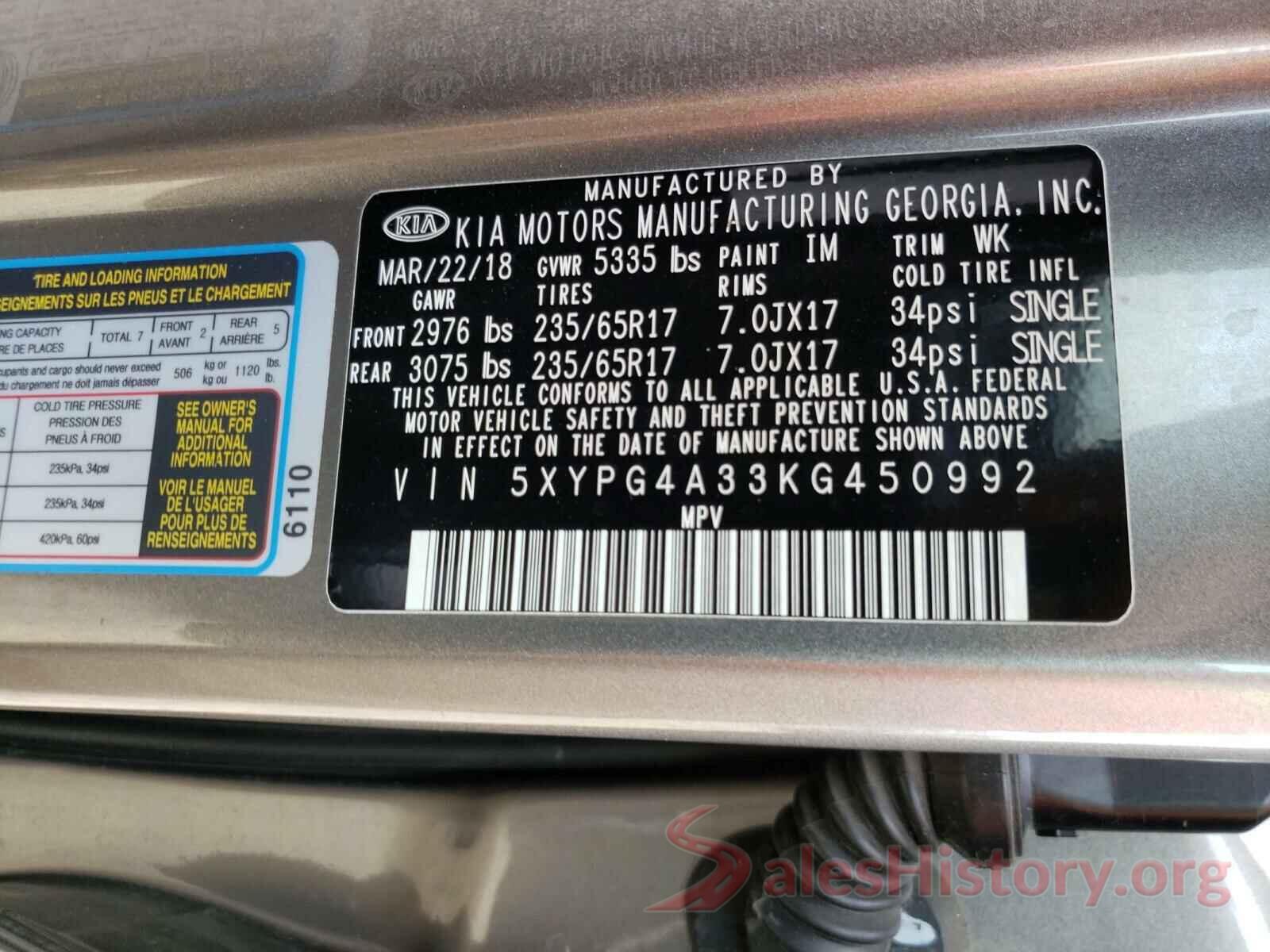 5XYPG4A33KG450992 2019 KIA SORENTO