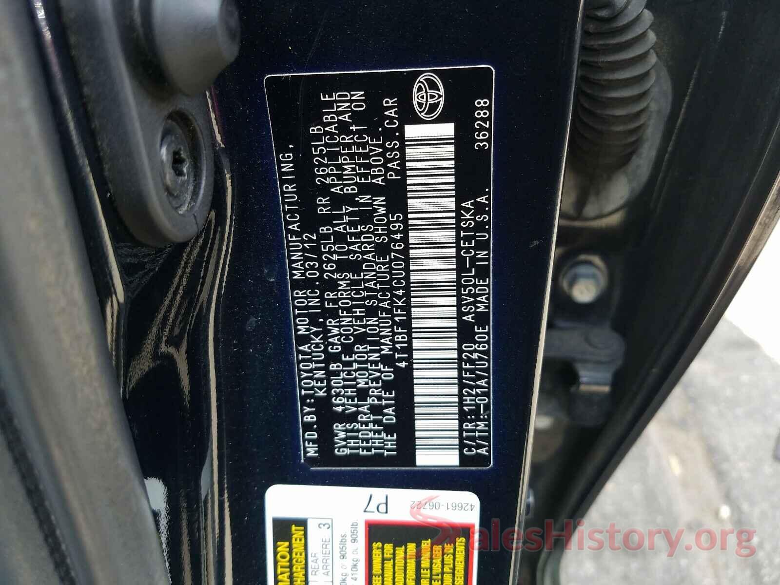 4T1BF1FK4CU076495 2012 TOYOTA CAMRY