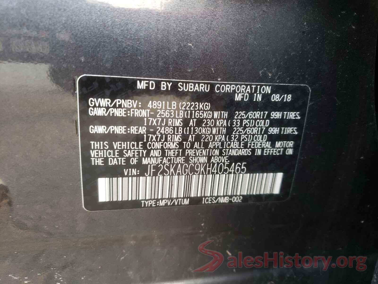 JF2SKAGC9KH405465 2019 SUBARU FORESTER