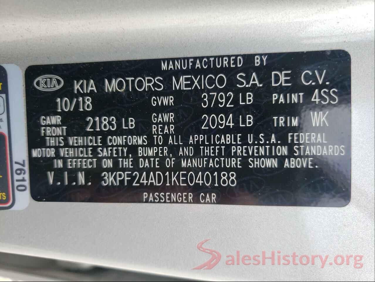 3KPF24AD1KE040188 2019 KIA FORTE