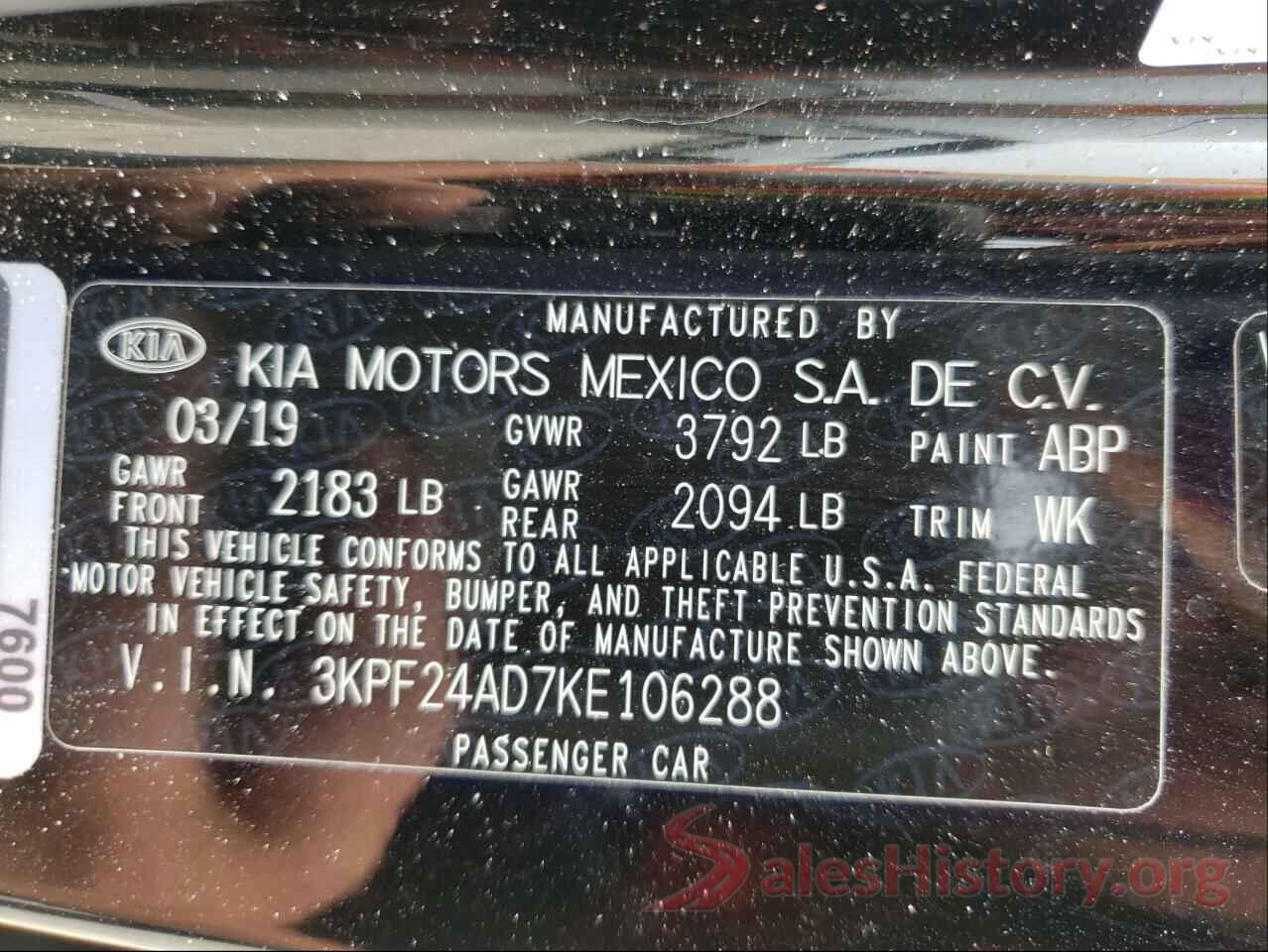 3KPF24AD7KE106288 2019 KIA FORTE