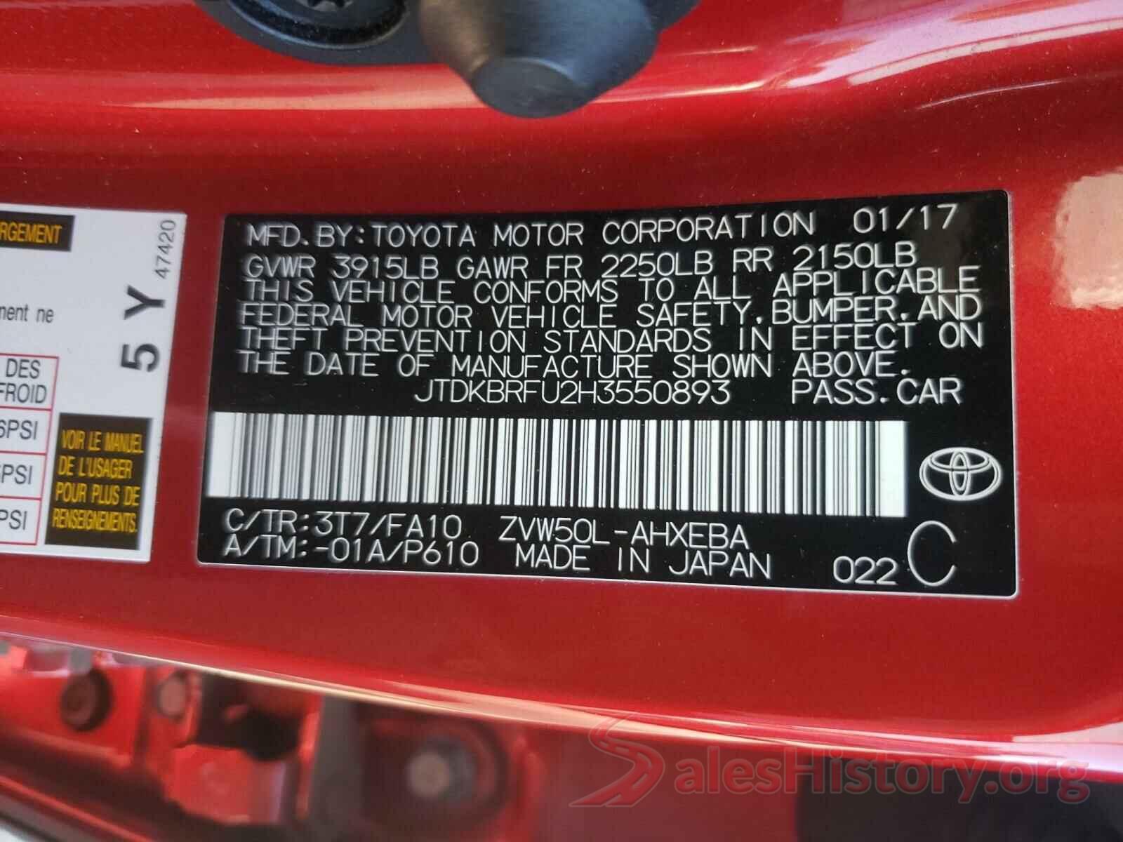 JTDKBRFU2H3550893 2017 TOYOTA PRIUS