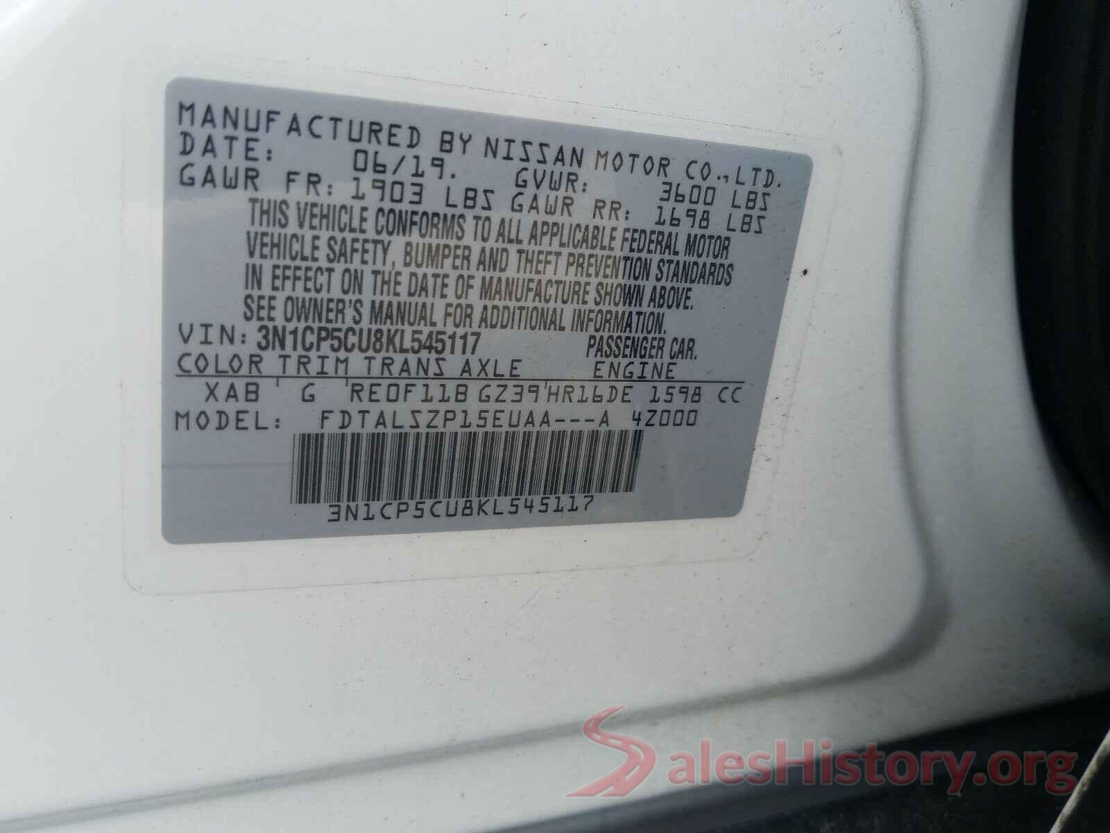 3N1CP5CU8KL545117 2019 NISSAN KICKS