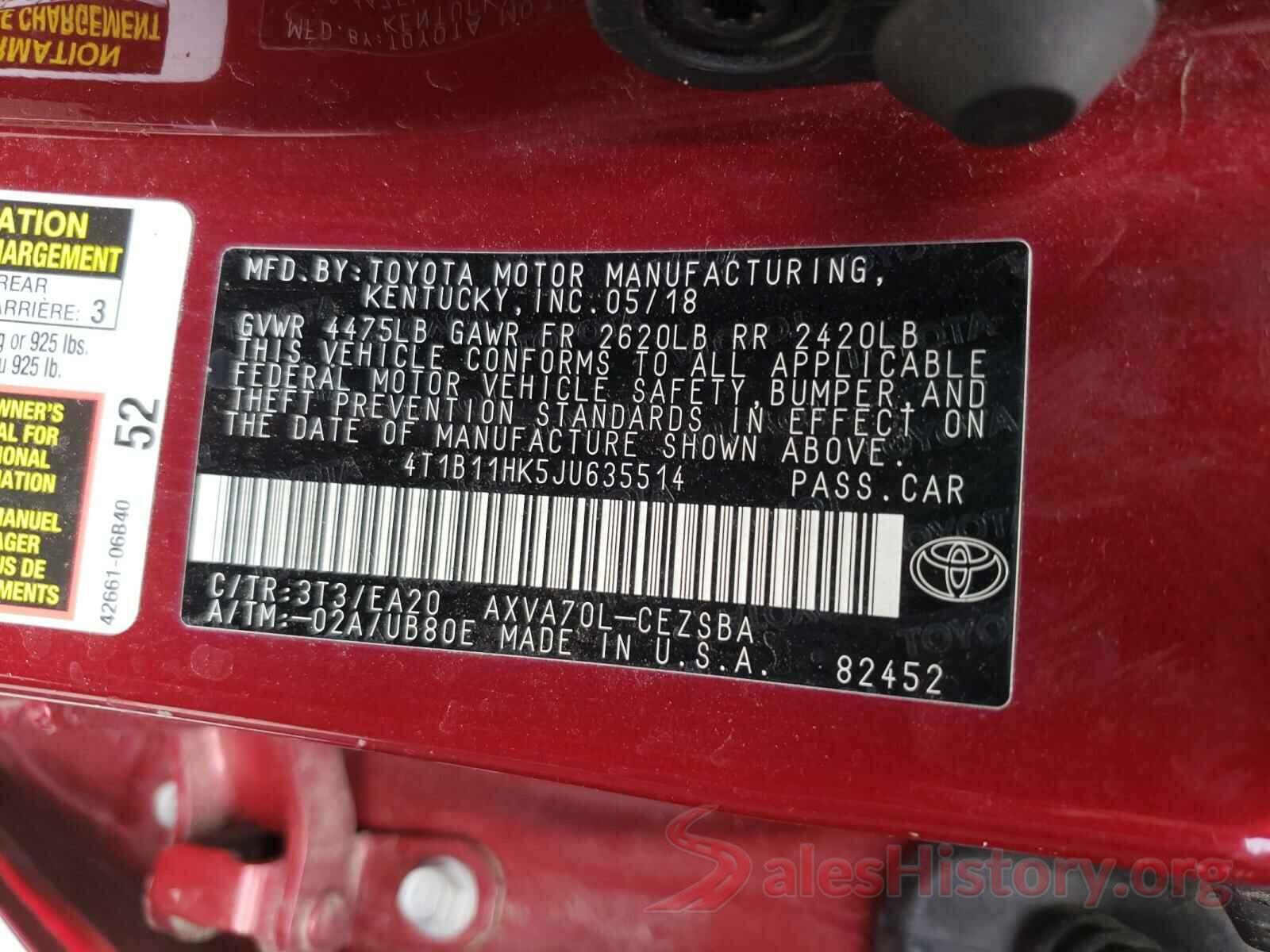 4T1B11HK5JU635514 2018 TOYOTA CAMRY