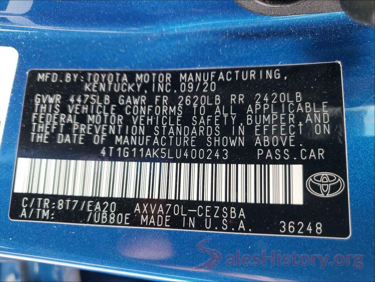 4T1G11AK5LU400243 2020 TOYOTA CAMRY