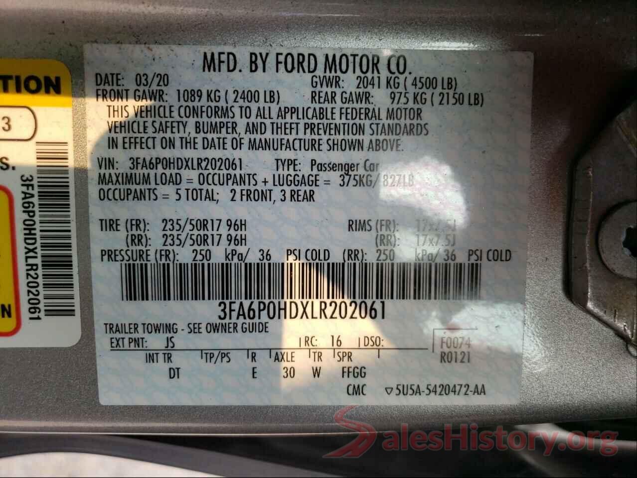 3FA6P0HDXLR202061 2020 FORD FUSION