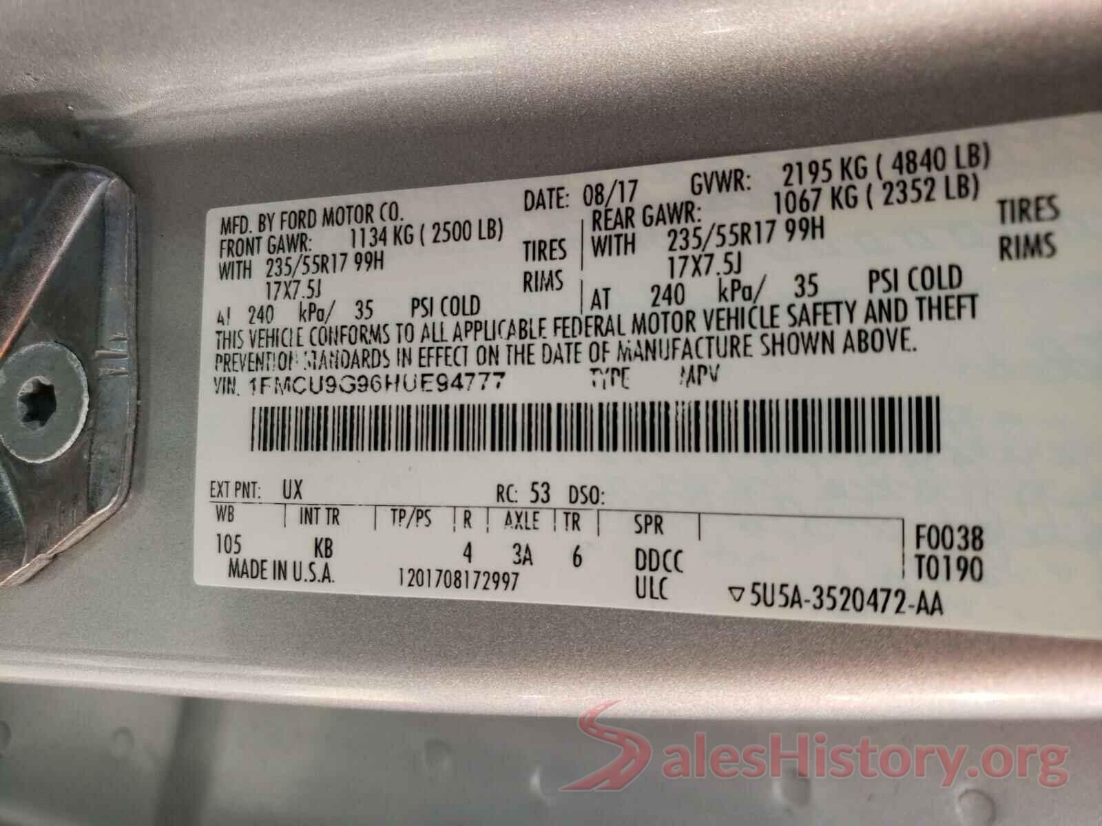 1FMCU9G96HUE94777 2017 FORD ESCAPE