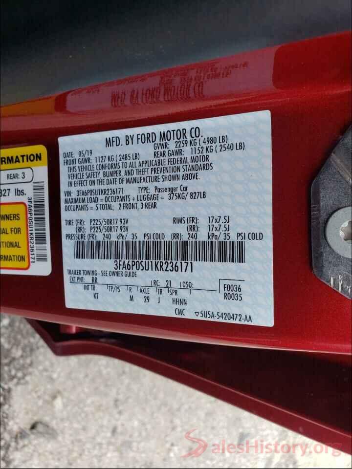 3FA6P0SU1KR236171 2019 FORD FUSION