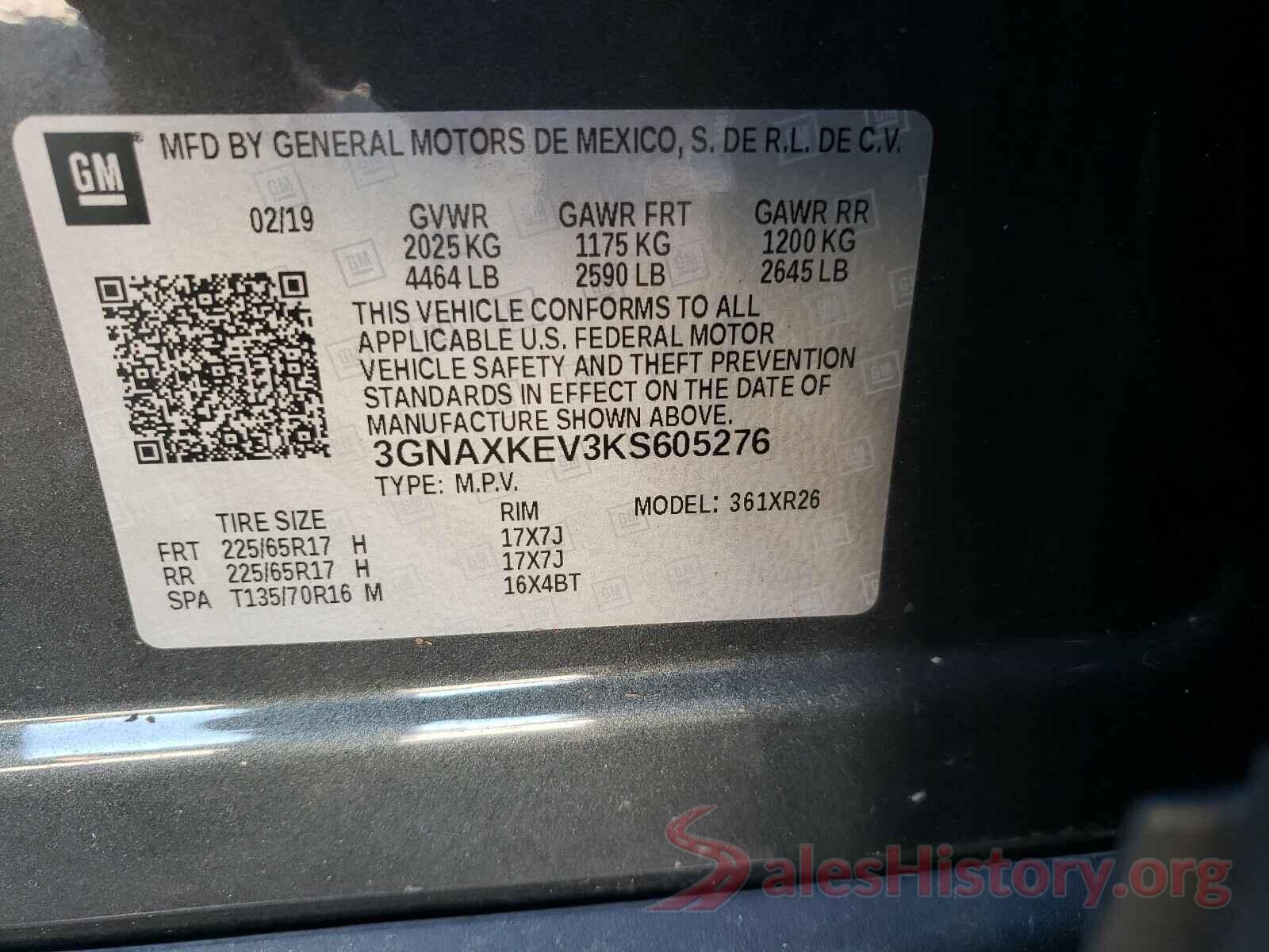 3GNAXKEV3KS605276 2019 CHEVROLET EQUINOX