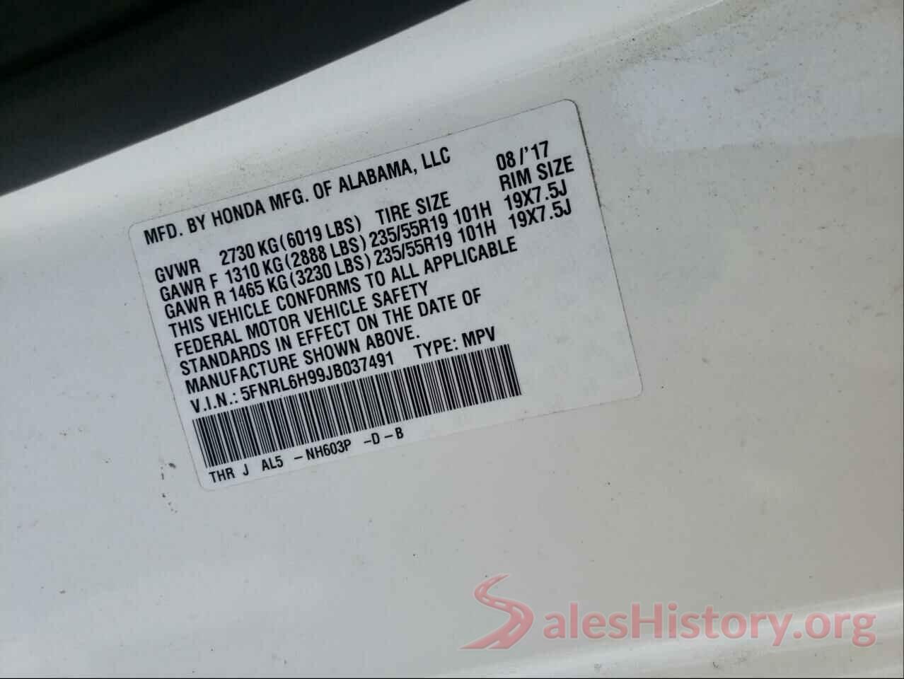 5FNRL6H99JB037491 2018 HONDA ODYSSEY