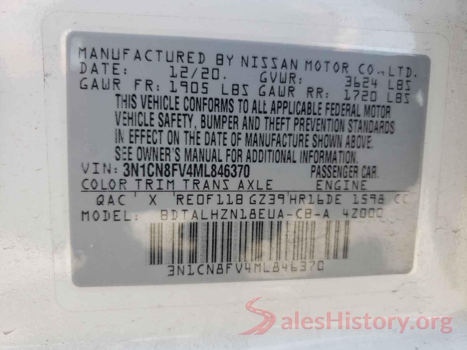 3N1CN8FV4ML846370 2021 NISSAN VERSA