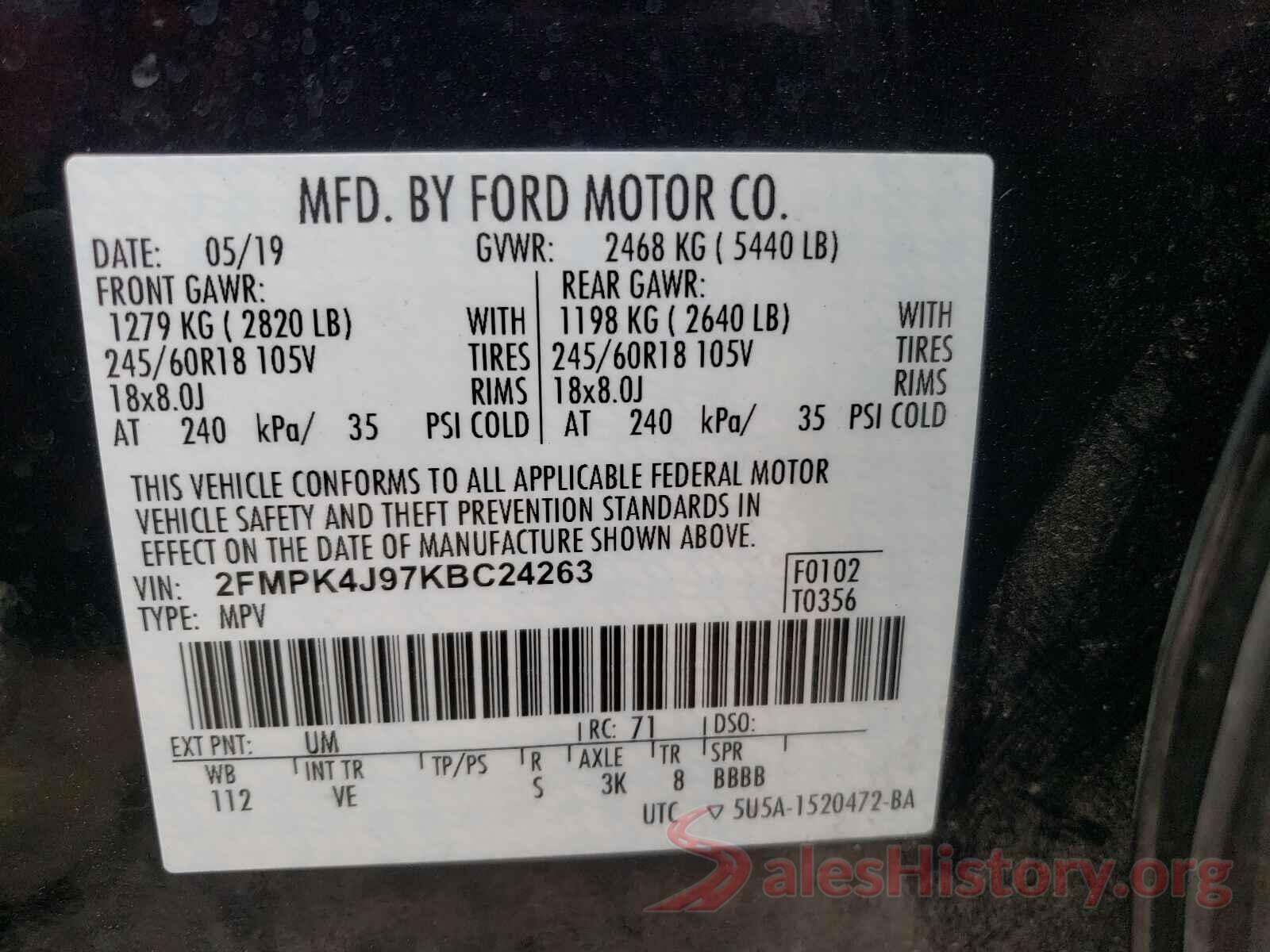 2FMPK4J97KBC24263 2019 FORD EDGE