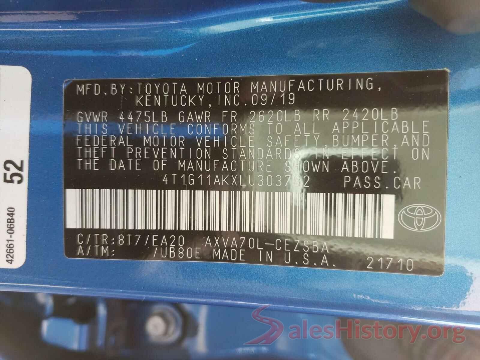 4T1G11AKXLU303782 2020 TOYOTA CAMRY