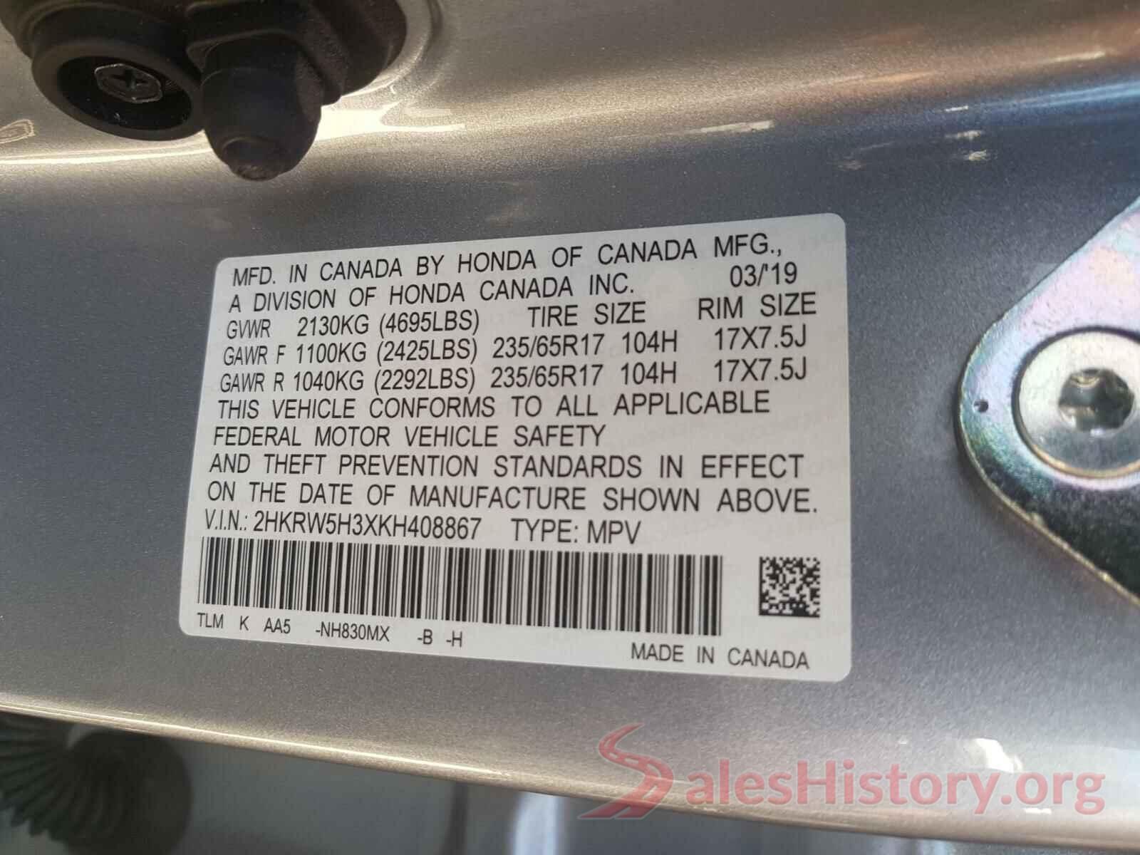 2HKRW5H3XKH408867 2019 HONDA CRV