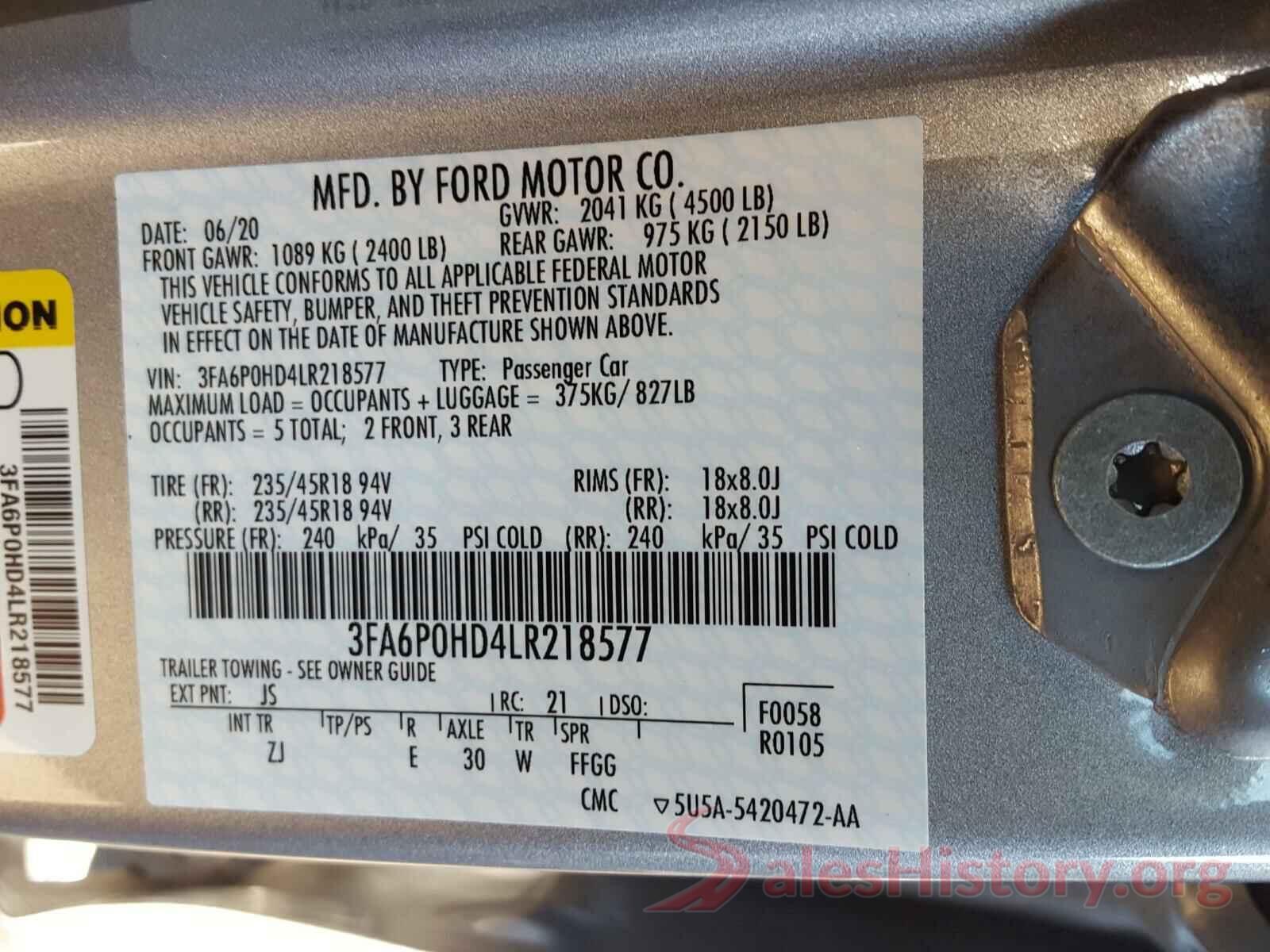 3FA6P0HD4LR218577 2020 FORD FUSION