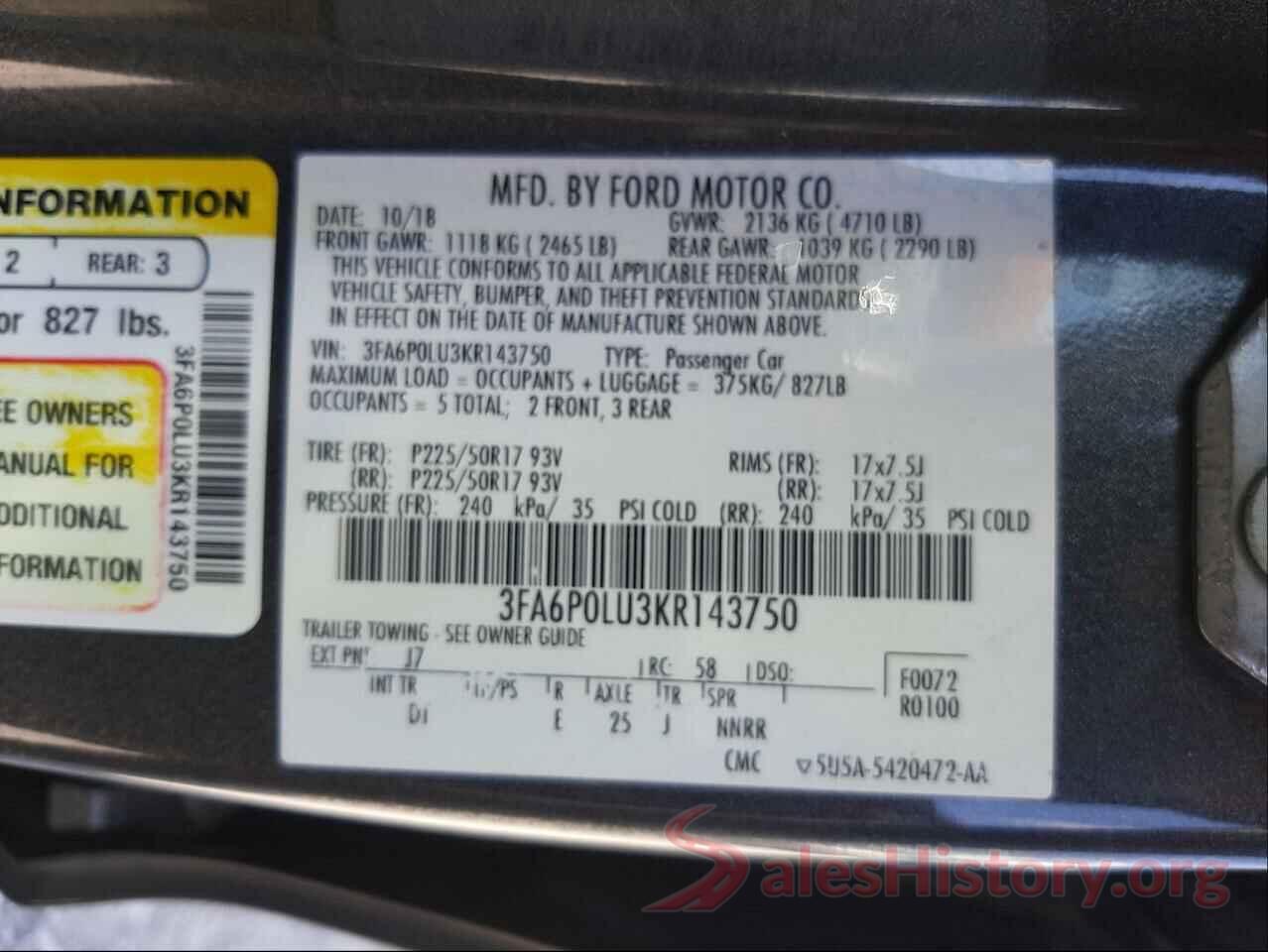 3FA6P0LU3KR143750 2019 FORD FUSION