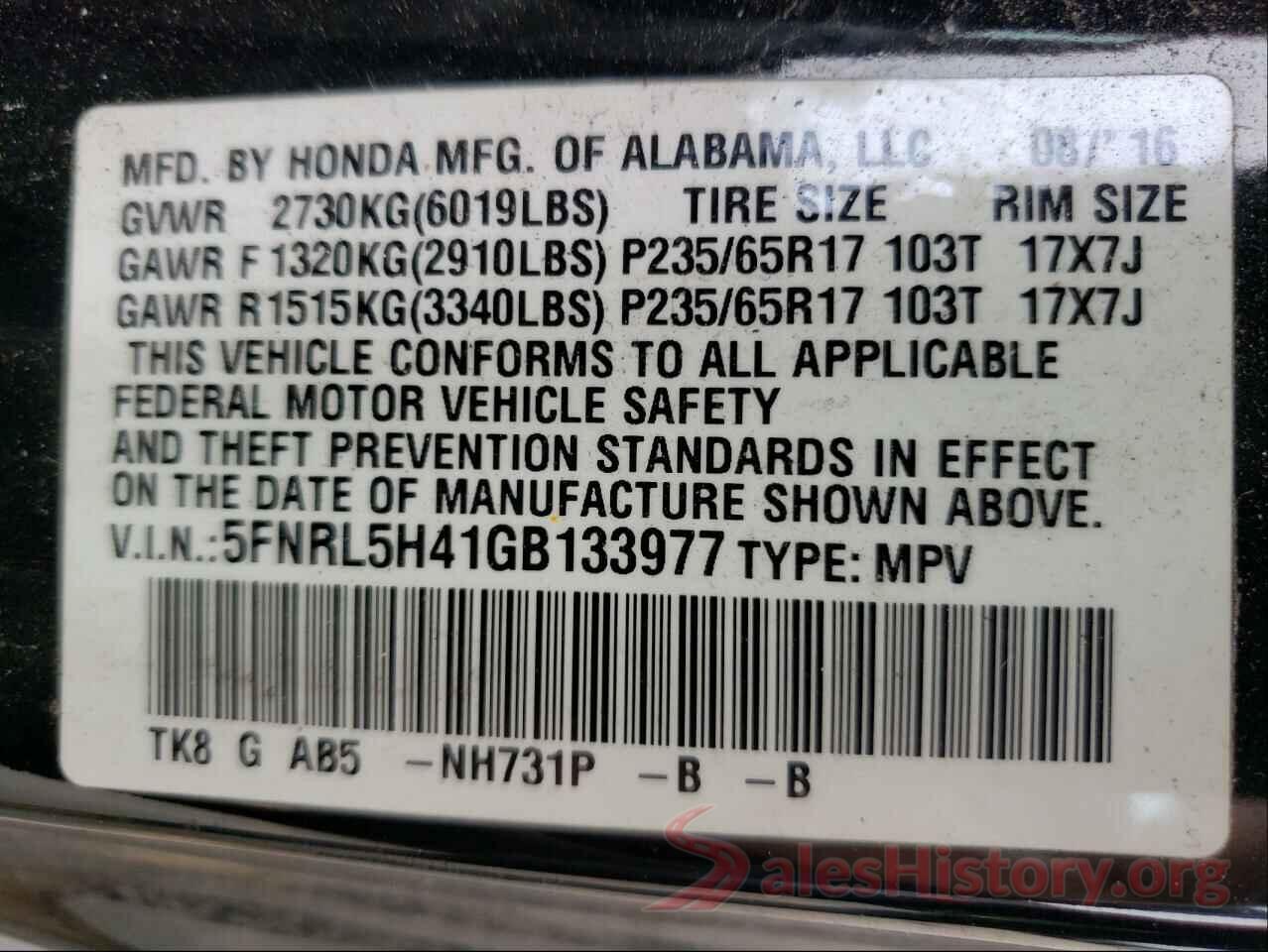 5FNRL5H41GB133977 2016 HONDA ODYSSEY