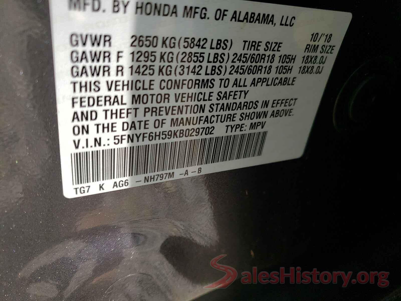 5FNYF6H59KB029702 2019 HONDA PILOT