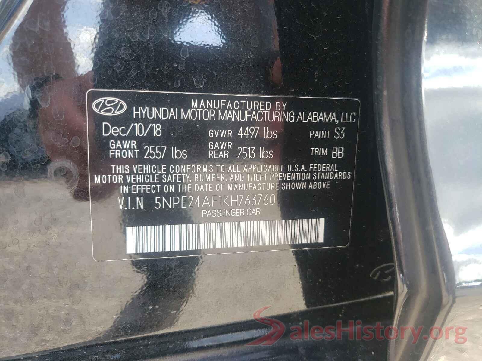 5NPE24AF1KH763760 2019 HYUNDAI SONATA