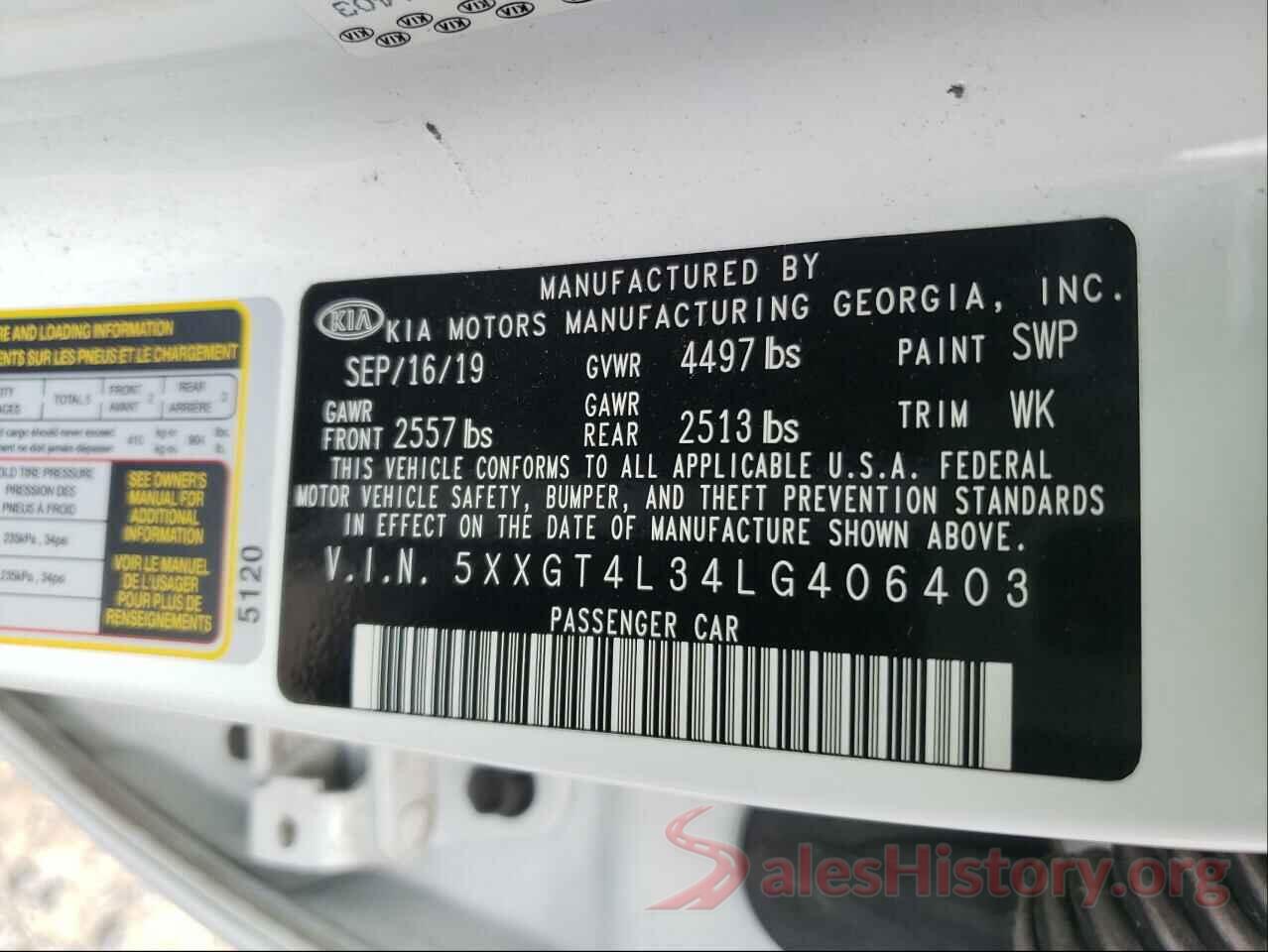 5XXGT4L34LG406403 2020 KIA OPTIMA