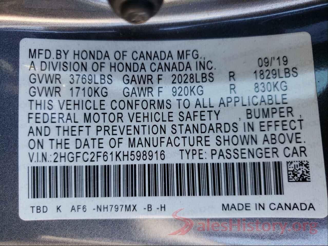 2HGFC2F61KH598916 2019 HONDA CIVIC