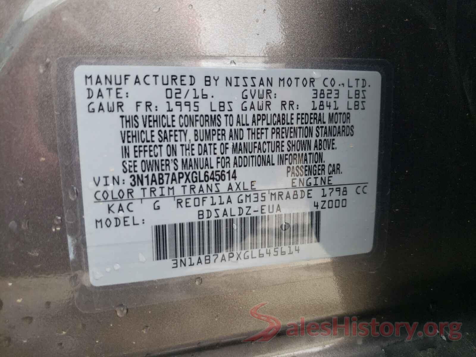 3N1AB7APXGL645614 2016 NISSAN SENTRA