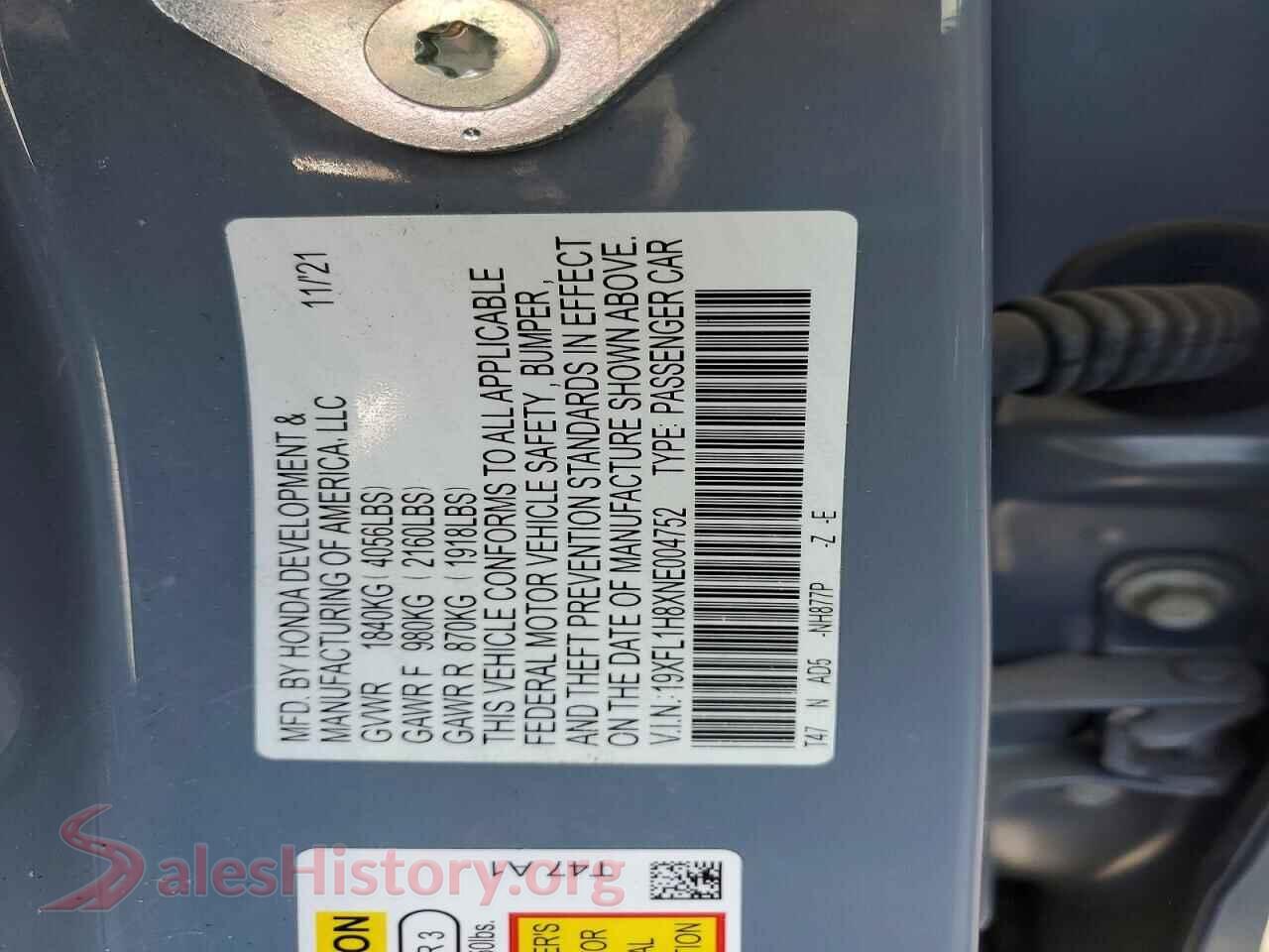 2022 HONDA CIVIC VIN 19XFL1H8XNE004752, wheel and tire