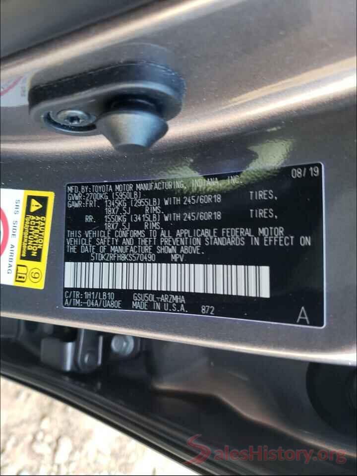 5TDKZRFH8KS570490 2019 TOYOTA HIGHLANDER