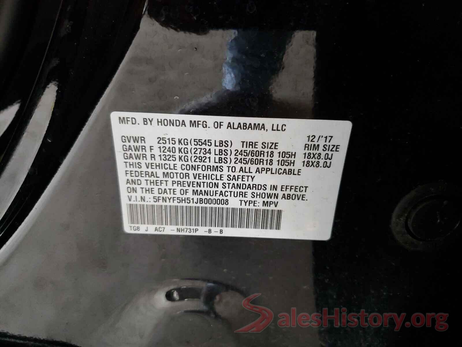 5FNYF5H51JB000008 2018 HONDA PILOT