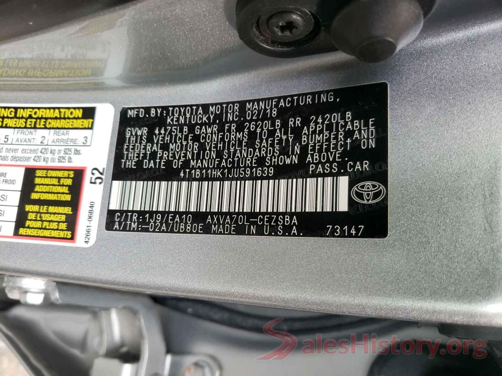 4T1B11HK1JU591639 2018 TOYOTA CAMRY