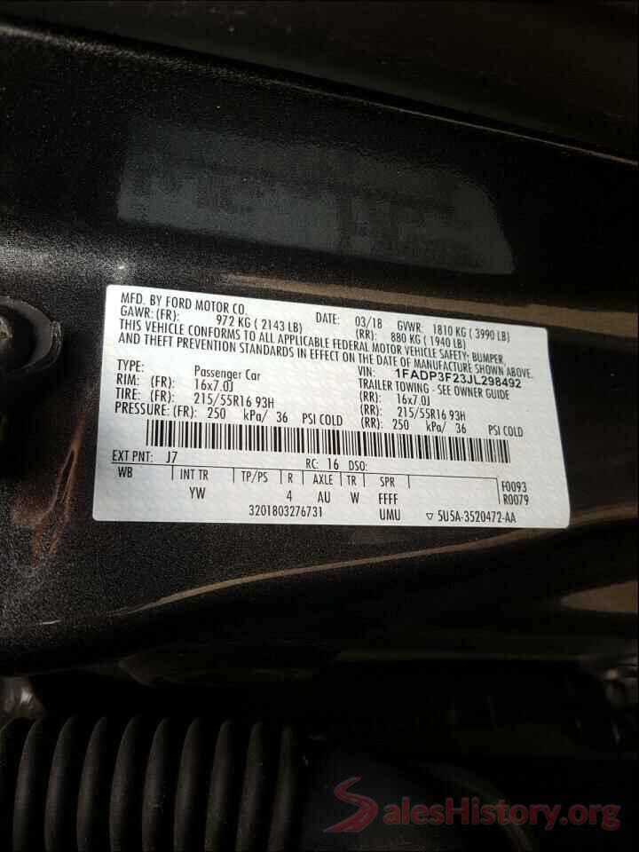 1FADP3F23JL298492 2018 FORD FOCUS