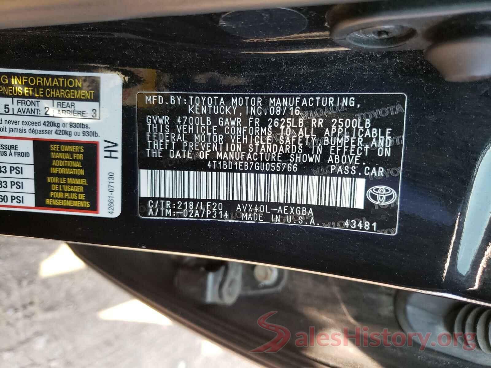 4T1BD1EB7GU055766 2016 TOYOTA AVALON