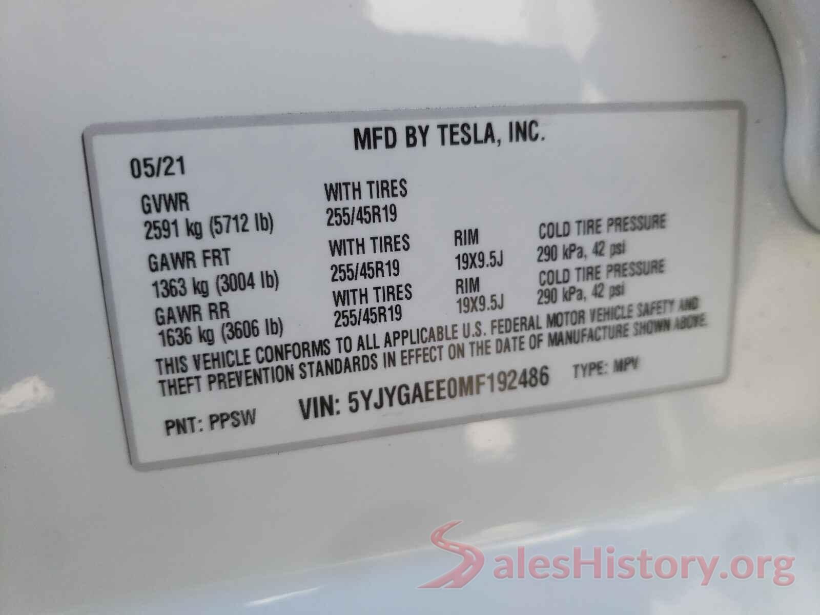 5YJYGAEE0MF192486 2021 TESLA MODEL Y