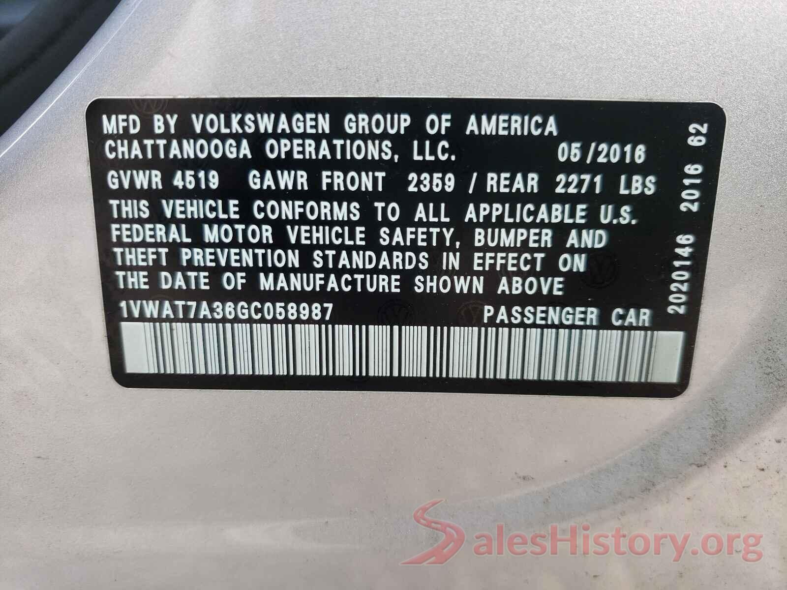 1VWAT7A36GC058987 2016 VOLKSWAGEN PASSAT