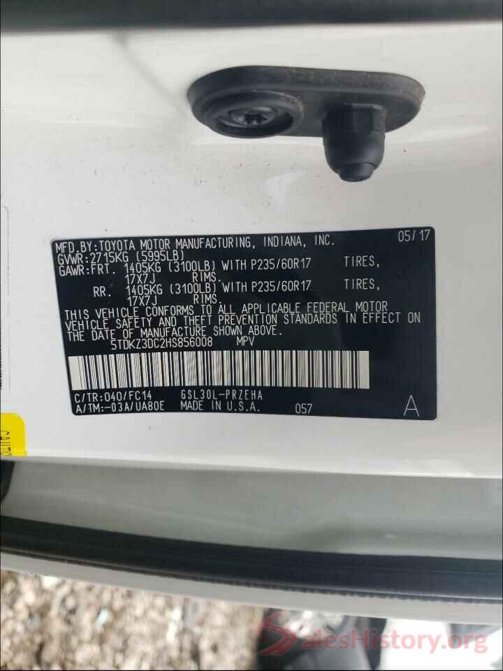 5TDKZ3DC2HS856008 2017 TOYOTA SIENNA