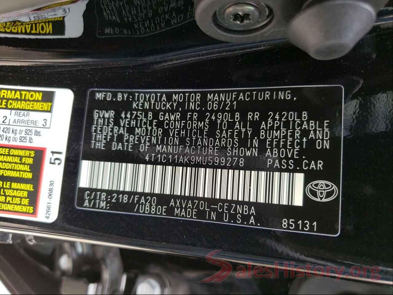 4T1C11AK9MU599278 2021 TOYOTA CAMRY