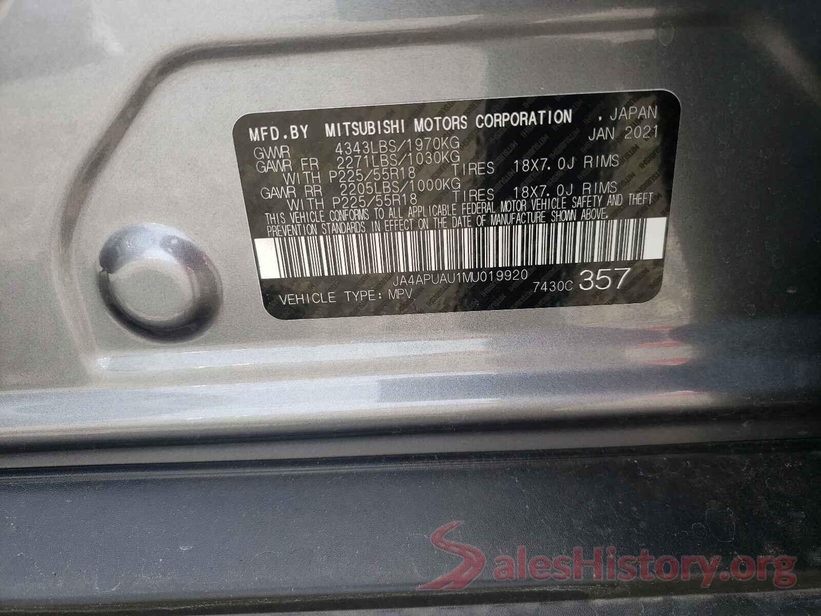 JA4APUAU1MU019920 2021 MITSUBISHI OUTLANDER