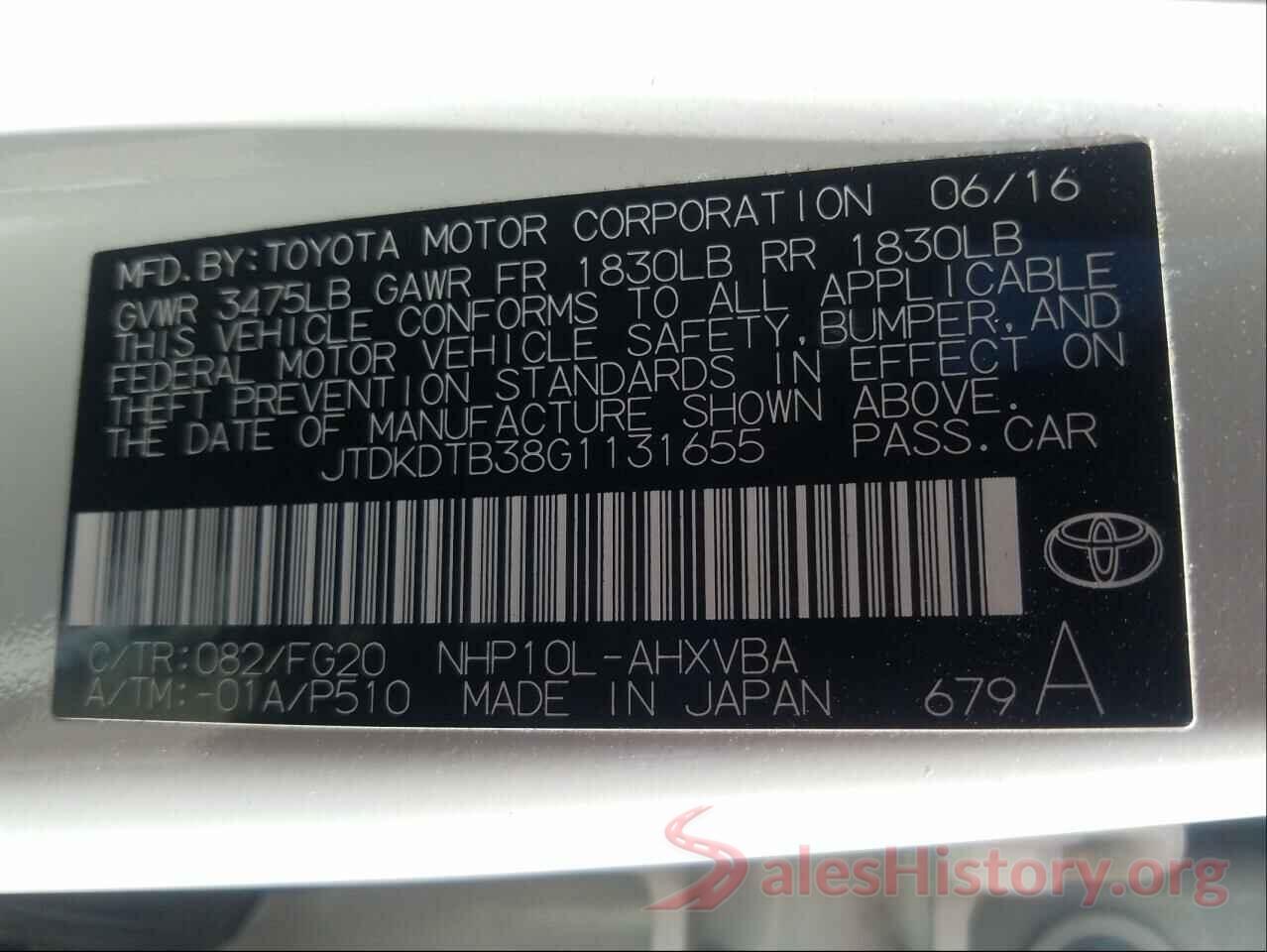 JTDKDTB38G1131655 2016 TOYOTA PRIUS