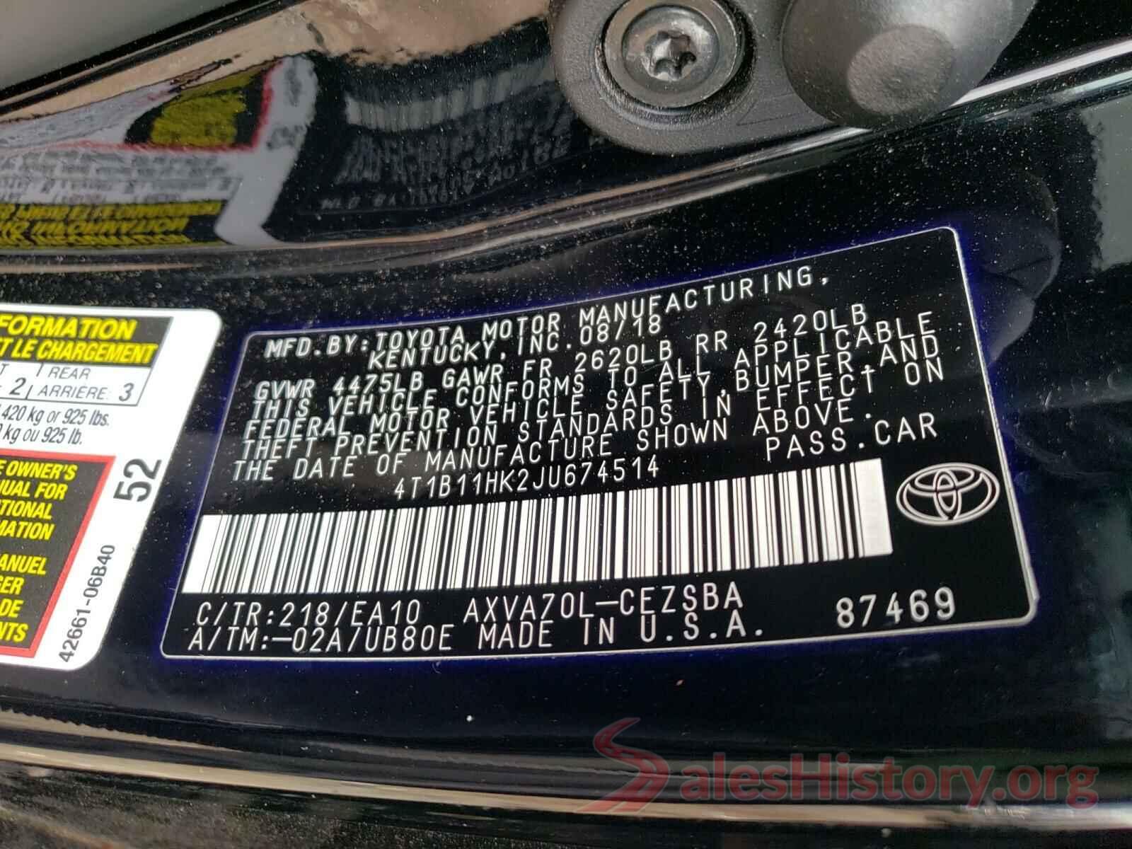 4T1B11HK2JU674514 2018 TOYOTA CAMRY