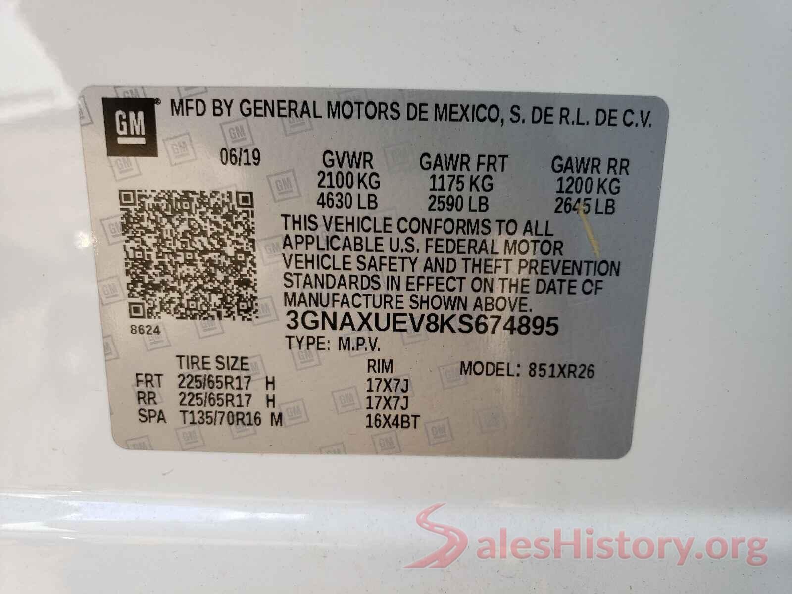 3GNAXUEV8KS674895 2019 CHEVROLET EQUINOX