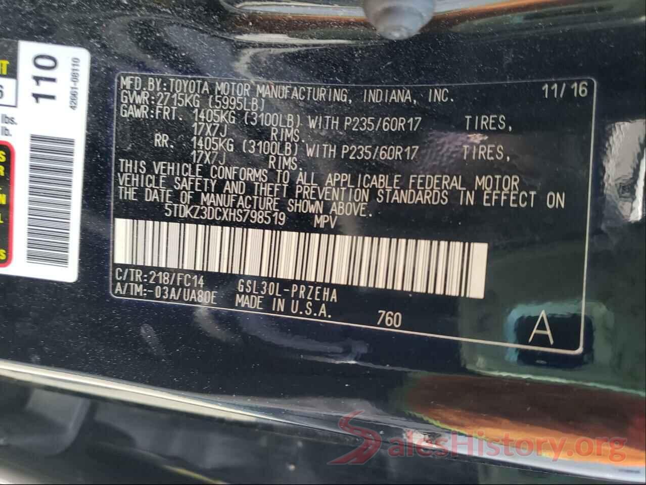 5TDKZ3DCXHS798519 2017 TOYOTA SIENNA