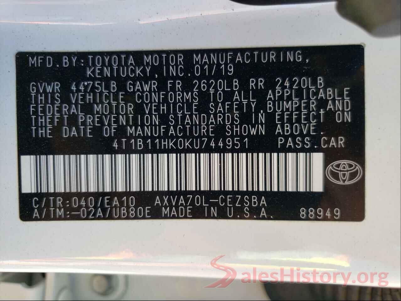 4T1B11HK0KU744951 2019 TOYOTA CAMRY