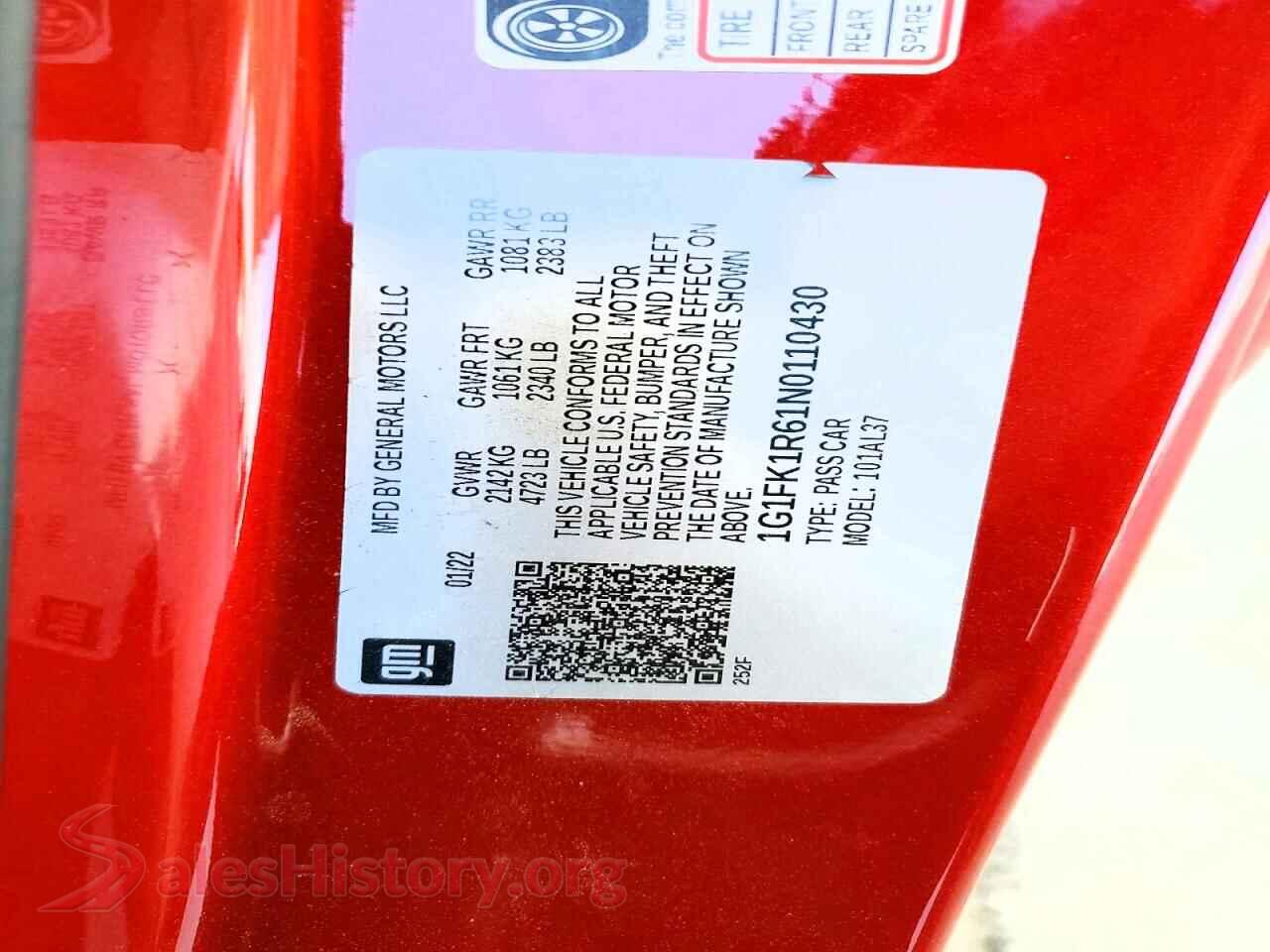 2022 CHEVROLET CAMARO VIN 1G1FK1R61N0110430, wheel and tire